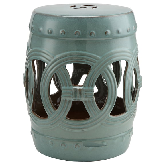 Decorative Ceramic Garden Stool with Double-Coin Knotted Ring Design, 14x17 Inch Porcelain Side Table for Patio Seating, Antique Blue