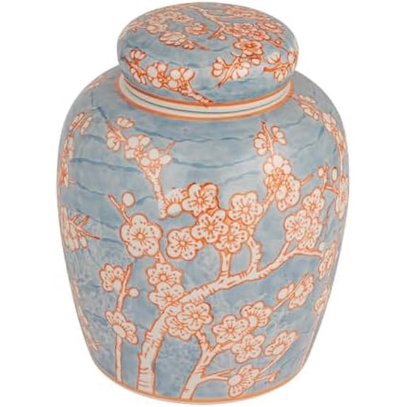 Decorative Ceramic Ginger Jar with Lid, Blue and Orange