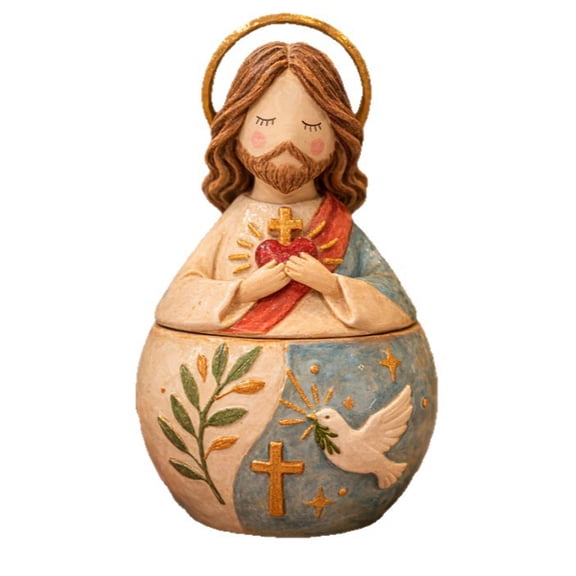 Decorative Ceramic Jar with Religious Motif Sacred Heart Cross Dove and Olive Branch Design for Home Display