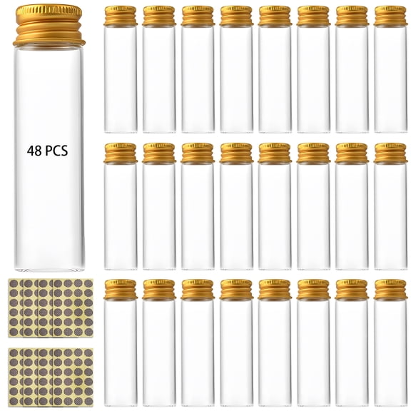 48 Pcs Empty Match Jars, 20 ml Clear Glass Match Bottles with Gold Aluminum Lids & Striker Stickers, Small DIY Containers for Party Favors, Decor and Craft Projects