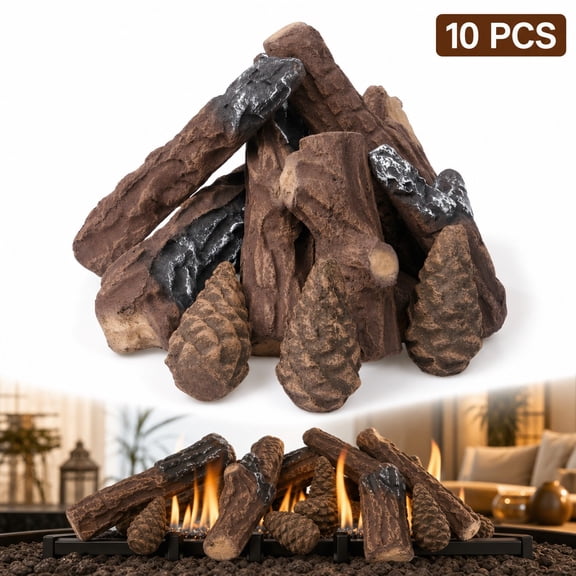 Decorative Ceramic Simulation Wood Log Set of 10, Faux Logs for Gas Ethanol Hearth and Home Decor