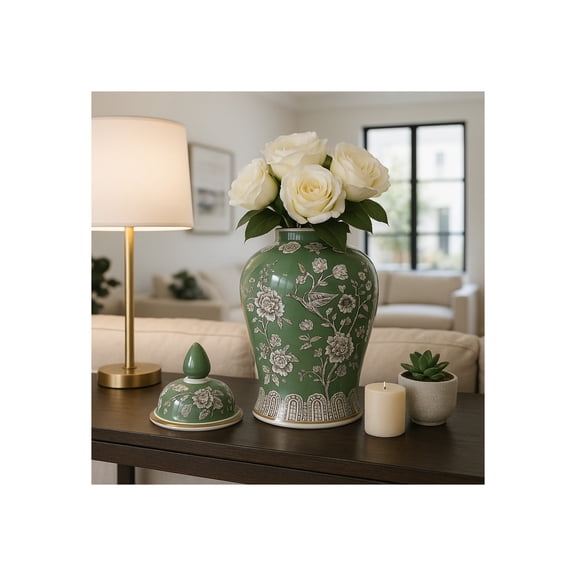 Decorative Ceramic Temple Jar for Living Room Decor - Modern Bird and Flower Design Jar for Room, Office, and Home Decor - Flower Vase Jar for Bedroom, Table, or House Accent - 18", Green & Brown