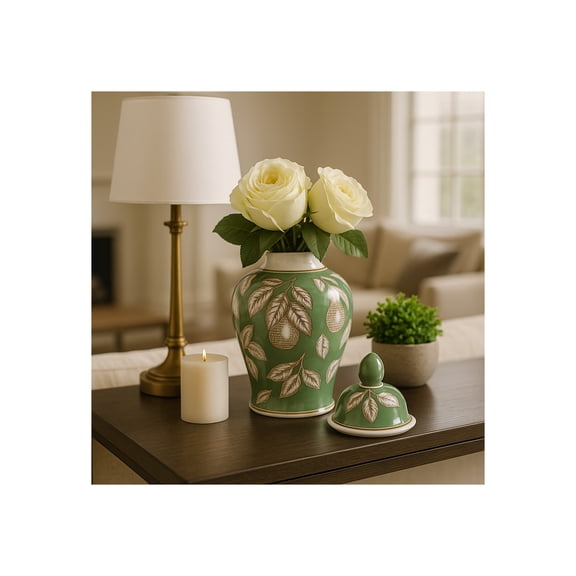Decorative Ceramic Temple Jar for Living Room Decor - Modern Pear and Twigs Design Jar for Office and Home Decor - Versatile Flower Vase for Bedroom, Table, or House Accent - 10", Green & Brown