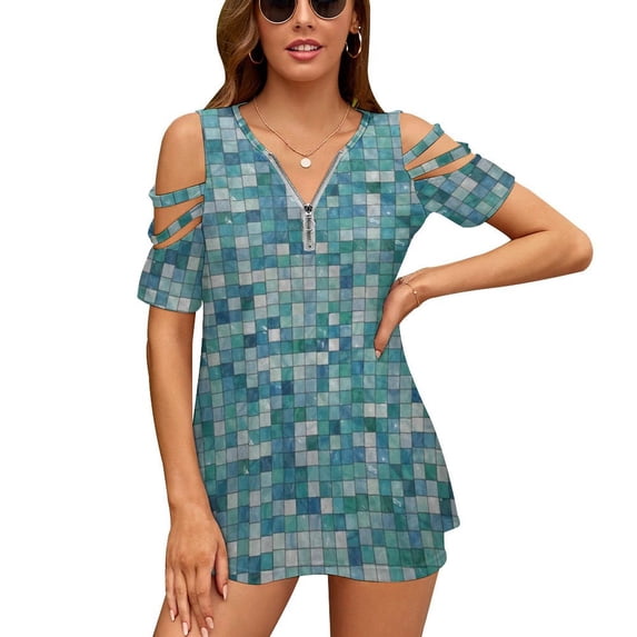 Decorative Ceramic Tiles Texture Womens Summer V Neck Zipper Top Short Sleeve T Shirt Off Shoulder Top Casual Classy Loose Shirts