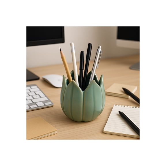 Decorative Ceramic Tulip Desk Organizer for Home Decor - Cute Office Accessory Decor for Small Desk Storage or Workspace Supplies - Stylish Destop Organizer for Bedroom or Bathroom - 4", Green