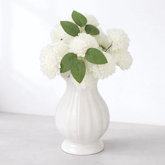 White Wavy Edge Ceramic Vase, Modern Ribbed Flower Vase for Home Decor, Scalloped Opening Pedestal Vase, Minimalism Elegant Table Centerpiece for Dining Table Mantle Bedside Shelves