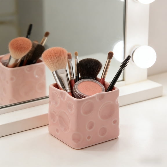 Decorative Cheese Shaped Ceramic Organizer Jar,Cute Desktop and Countertop Storage Container with Glossy Finish,Versatile Pen and Cosmetic Holder for Dorm,Office,and Home Decor(Pink)