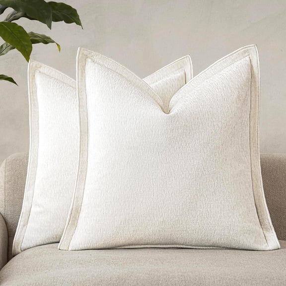 Decorative Chenille Luxury Throw Pillow Covers with Wide Edge, Textured Solid Pillowcases, Soft Velvet Cushion Cover Home Décor for Couch Sofa Chair Bed,20×20 Inch, Set of 2, Cream White