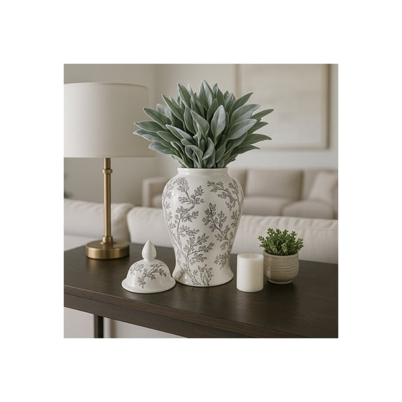 Decorative Cherry Blossom Temple Jar with Lid for Home Decor - Stylish Ceramic Jar for Bedroom and Living Room Decor - Versatile Vase for Flowers, Table, or House Accent - 19", White & Brown