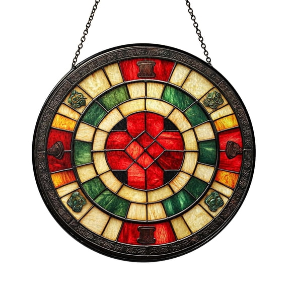 Decorative Chess Board Stained Glass Style Suncatcher Window Hanging, Strategy Game Art Glass Round Window Ornament, Chess Piece Pattern Glass Panel Decor, Board Game Theme Gift for Chess Lovers