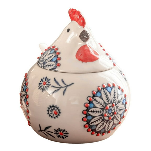 Decorative Chicken Ceramic Canister Set with Sealable Top And Spoon Condiment Holder Kitchen Organization Tool