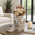 thumbnail image 1 of Chinoiserie Bird and Vines Temple Jar for Living Room Decor - Ceramic Vase for Bedroom, Office, and Kitchen Counter - Flower Vase for Console Table and House Accent - 12", Brown & White, 1 of 13