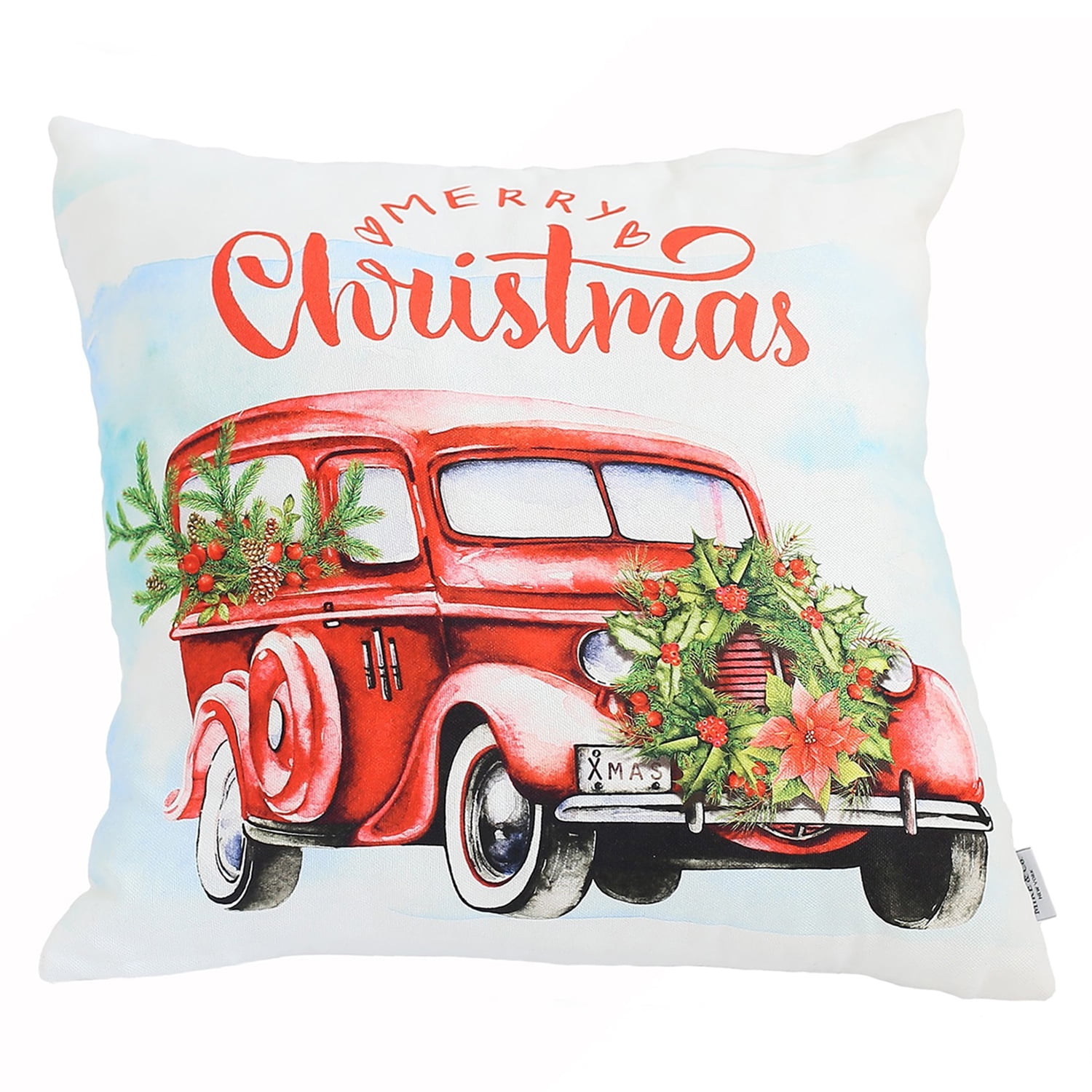 Christmas Car Red and White Polyester Euro Throw Pillow Cover