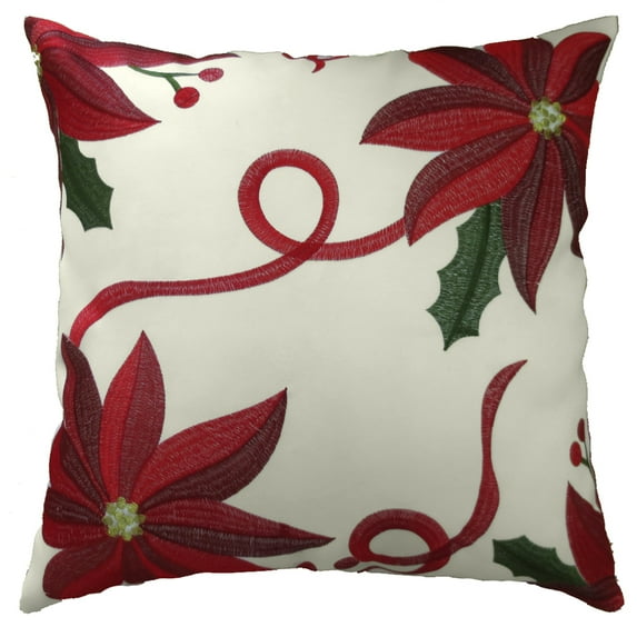 Decorative Christmas Embroidered Poinsettias Design Throw Pillow