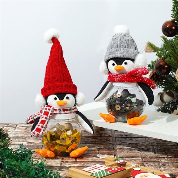 Decorative Christmas Penguin Cookie & Candy Jar - Cute Animal Figurine Container with Storage, Holiday Party Table Centerpiece & Gift