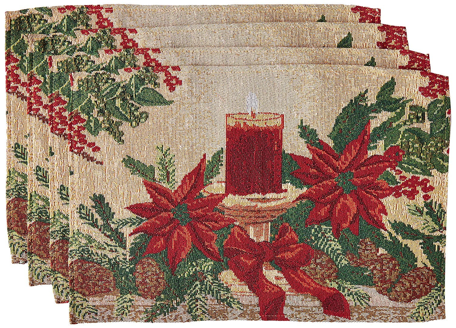 Decorative Christmas Poinsettias Candles Tapestry 13" X 19" Set Of 4