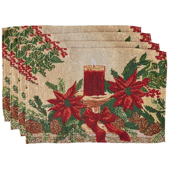 Decorative Christmas Poinsettias Candles Tapestry 13" X 19" Set Of 4 Placemats