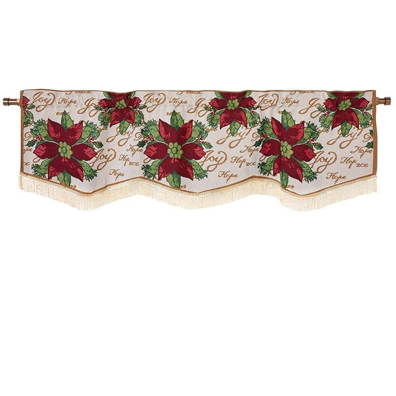 Decorative Christmas Poinsettias Script Design Tapestry 60" X 15" Window Valance