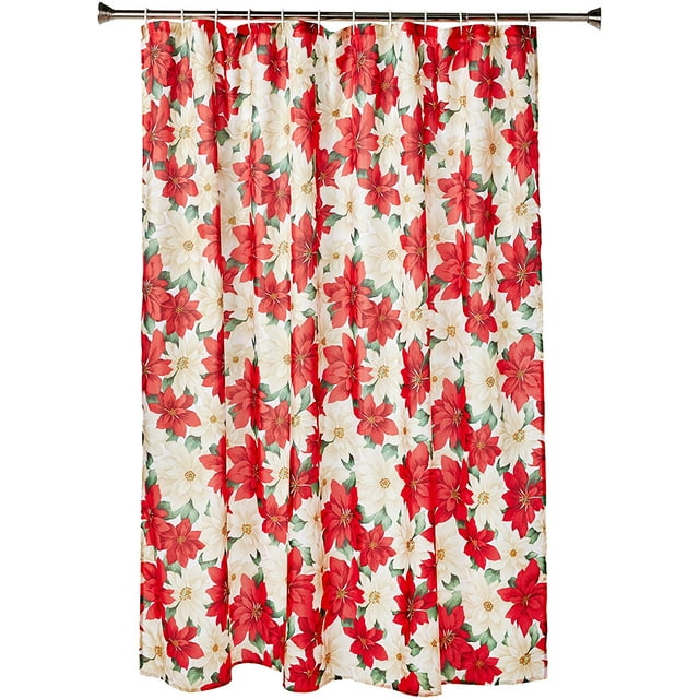 Decorative Christmas Printed Poinsettia Floral Design Shower Curtain - 72" X 72"