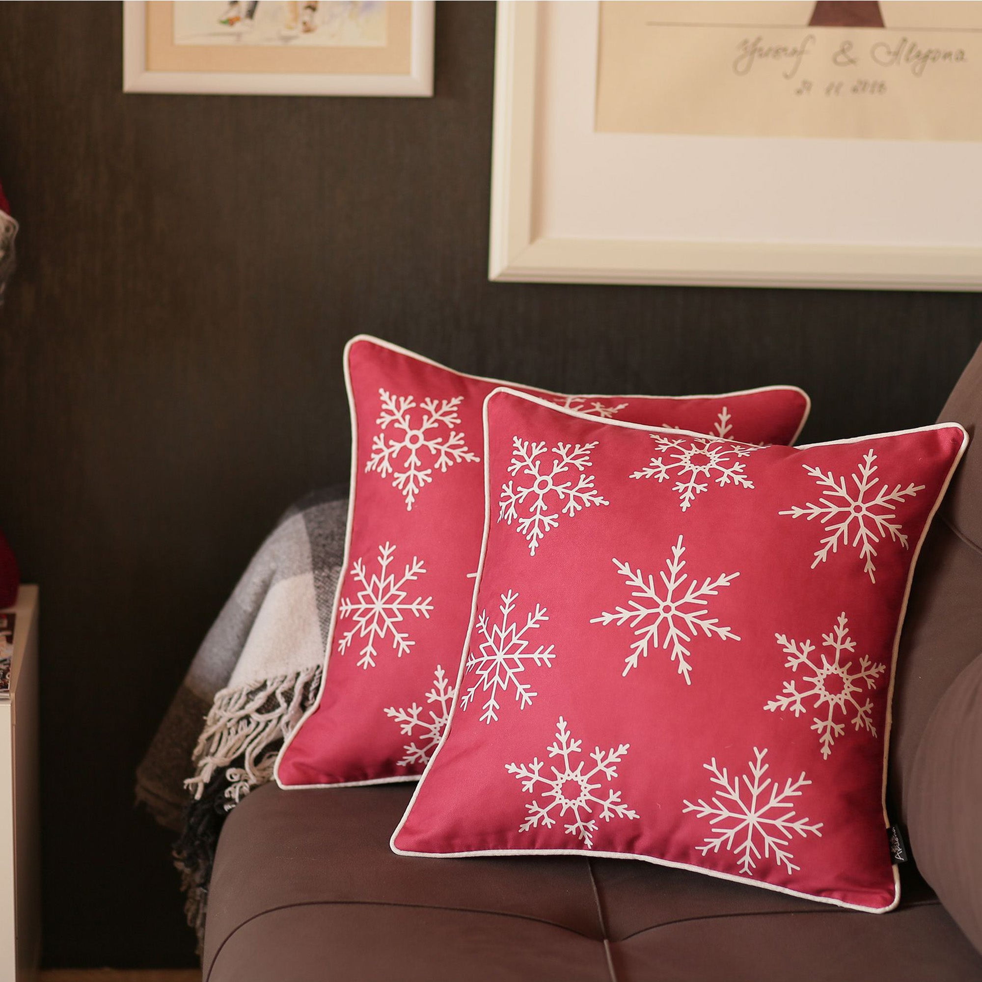 Red and White Christmas Snowflakes Polyester Euro Pillow Covers, Set of 2