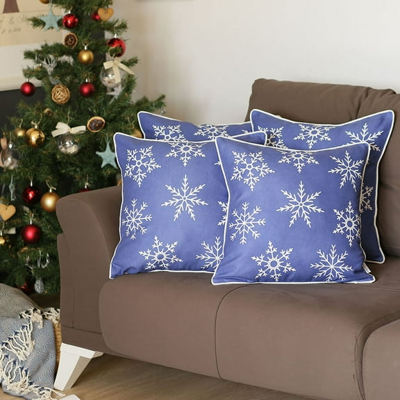 Decorative Christmas Snowflakes Throw Pillow Cover Set of 4 Square 18" x 18" Blue & White for Couch, Bedding