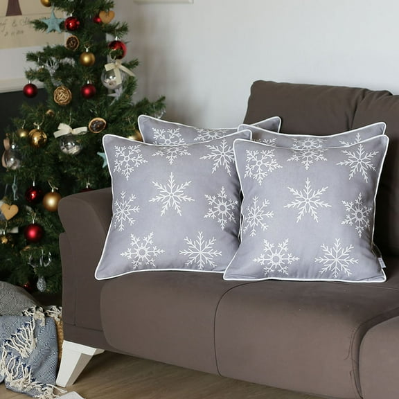 Christmas Snowflakes Decorative Throw Pillow Set of 4 Square 18 in. x 18 in. Gray & White for Couch, Bedding