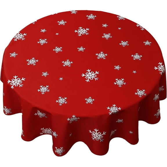 Decorative Christmas Tablecloth, Wrinkle and Water Resistant Holiday Table Cloth for Round Tables, Polyester Fabric Red Table Cover 60 x 60 Inch, Gradient Solid Snowflake