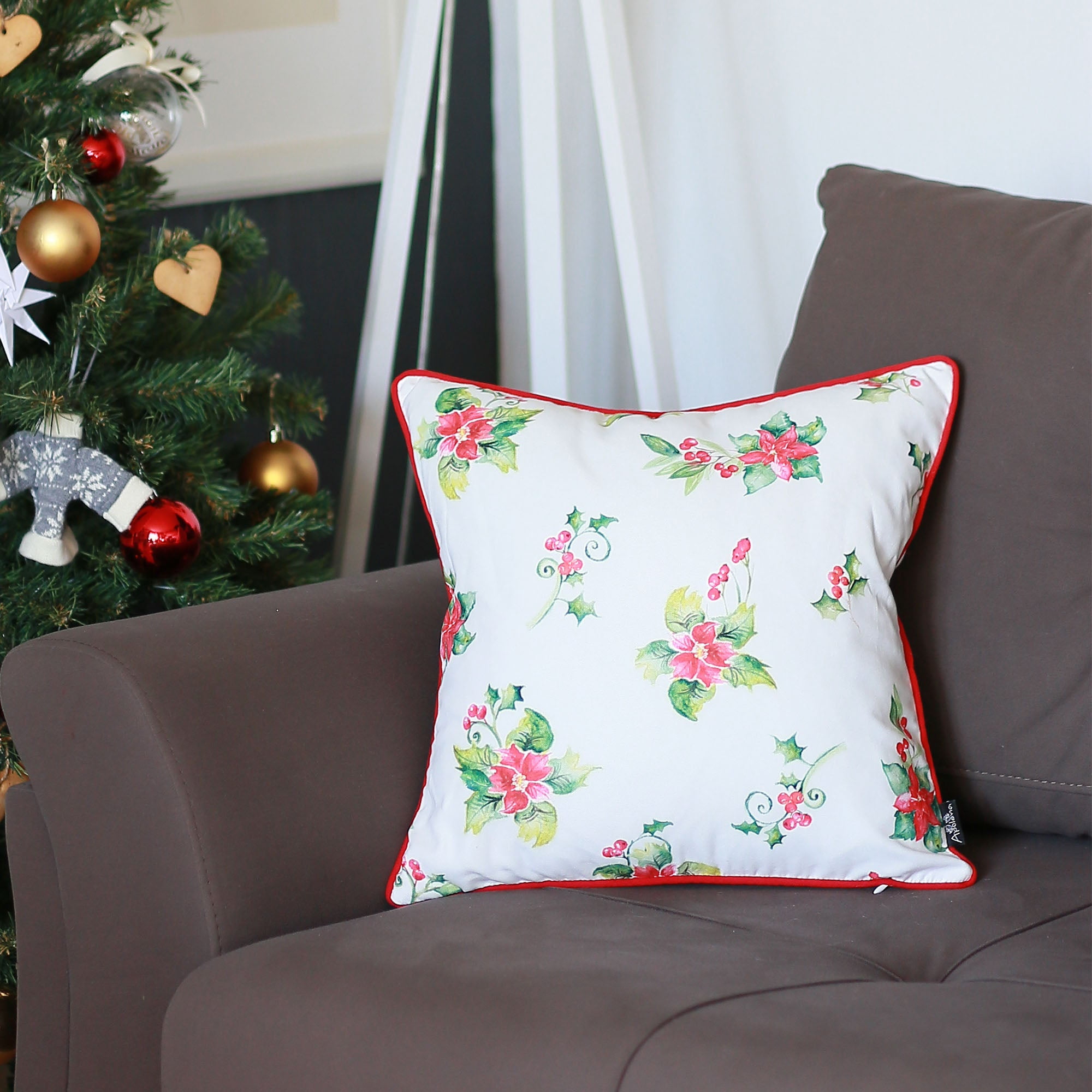 Christmas Floral White and Red Polyester Throw Pillow
