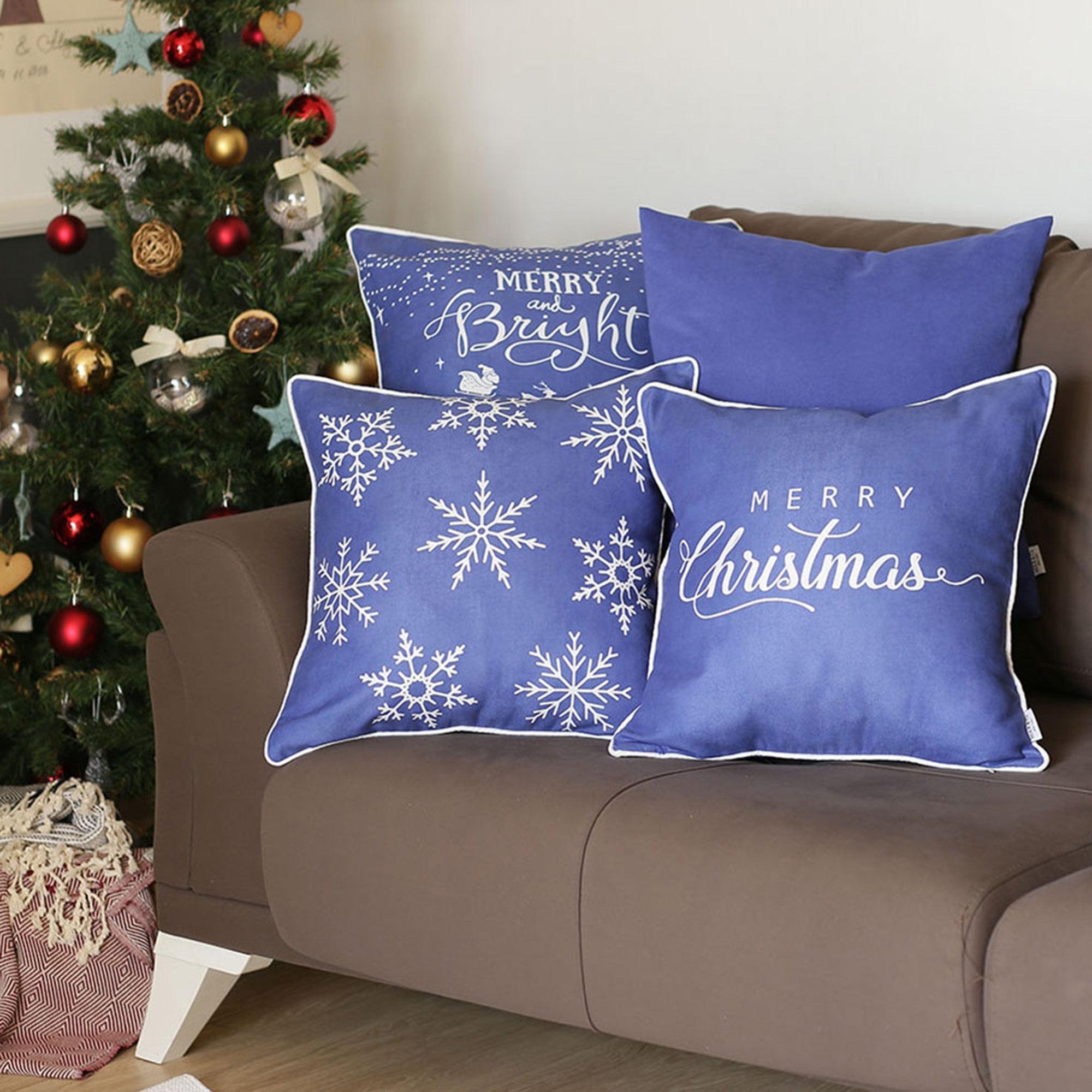 Blue and White Christmas Polyester Pillow Covers Set of 4