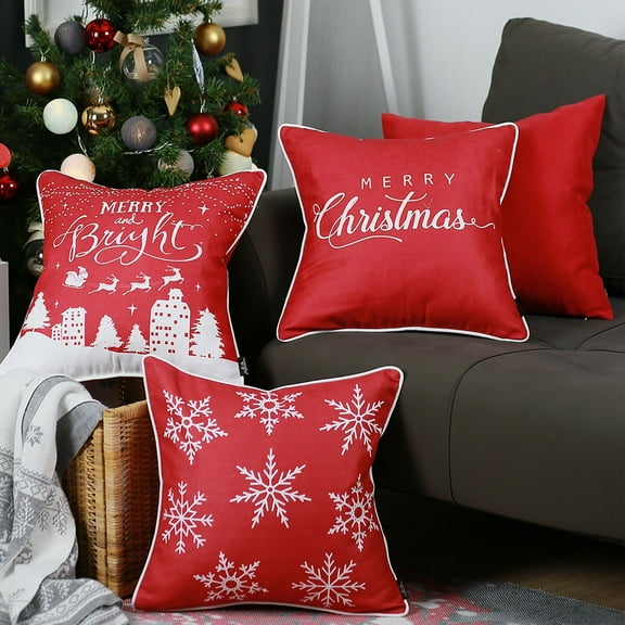Decorative Christmas Throw Pillow Cover Set of 4 Square 18" x 18" Red & White for Couch, Bedding