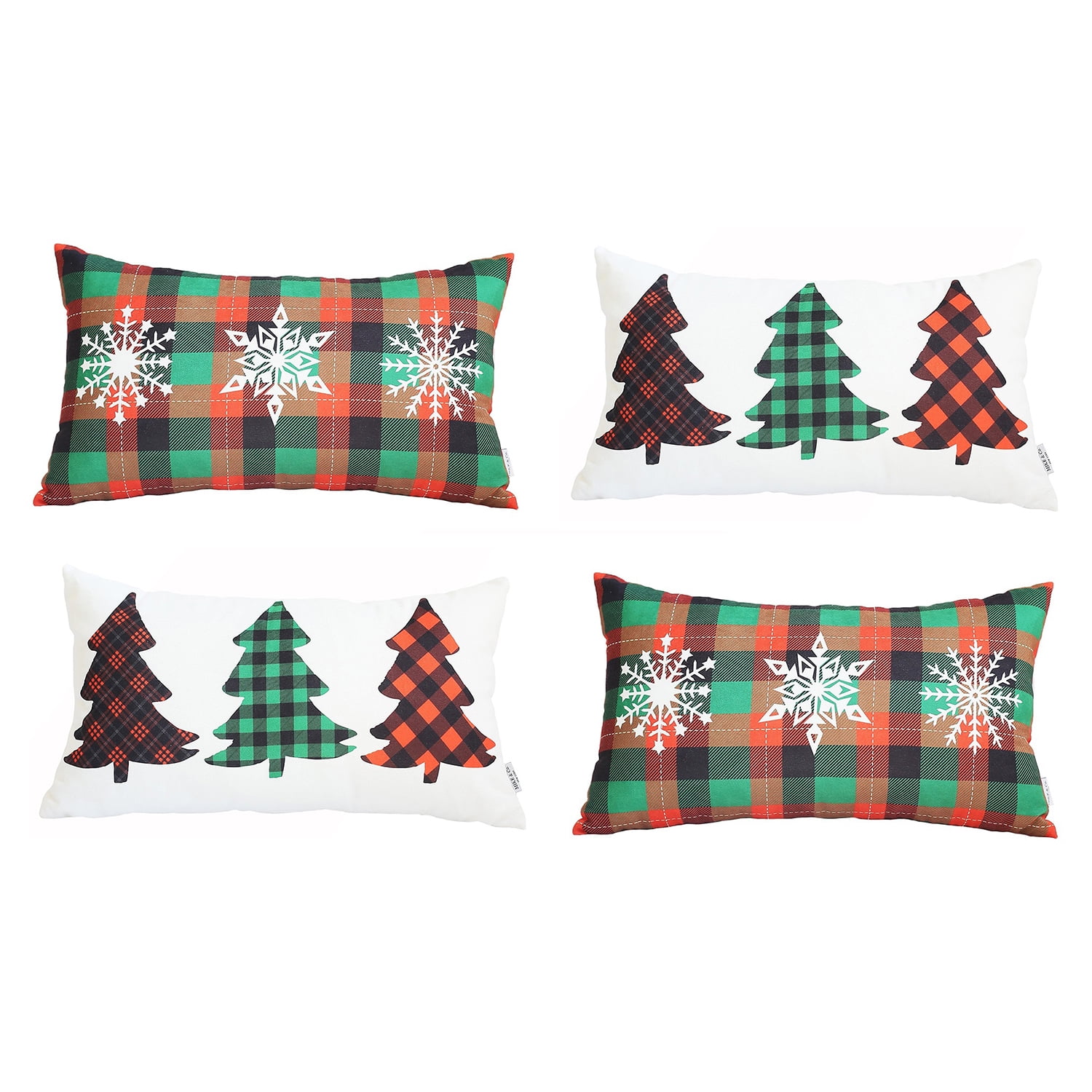 Red and White Polyester Christmas Tree Plaid Throw Pillow Covers, 12 x 20 in, Set of 4