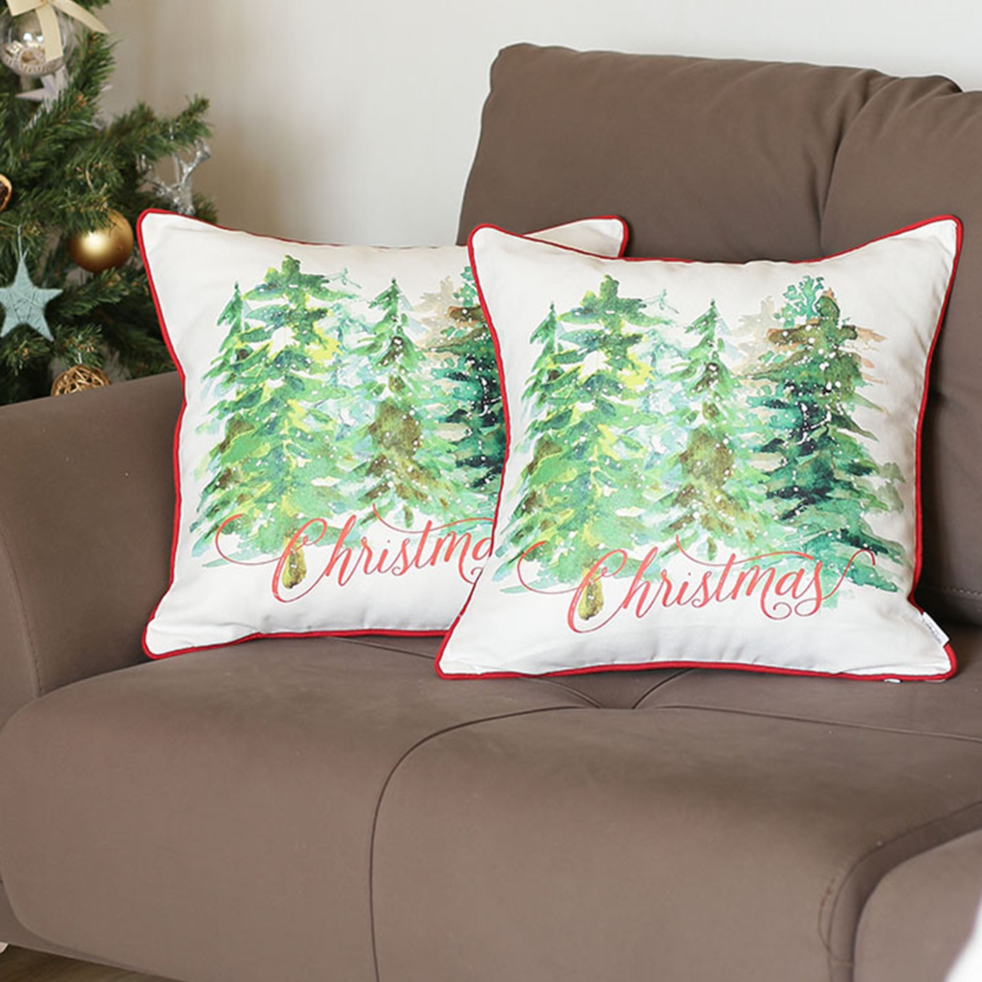Christmas Trees White and Green 18" x 18" Polyester Throw Pillow Covers, Set of 2
