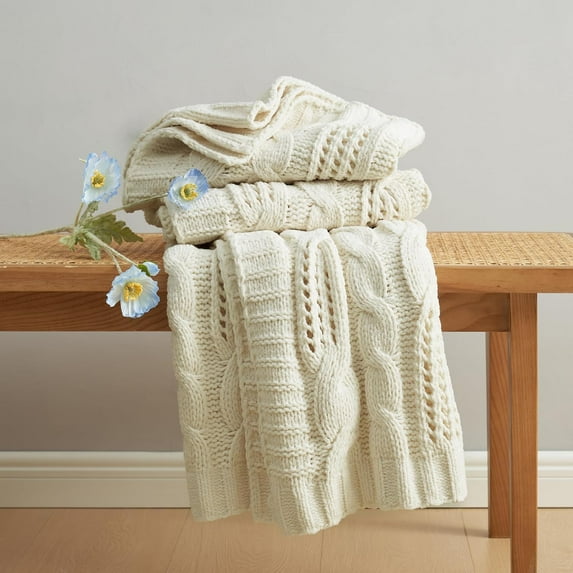 Decorative Chunky Knit Blanket + 50x60 Inch – Soft Chenille, Breathable Cable Knit, Cozy Throw for Couch, Chair, Sofa, or Living Room, Ivory
