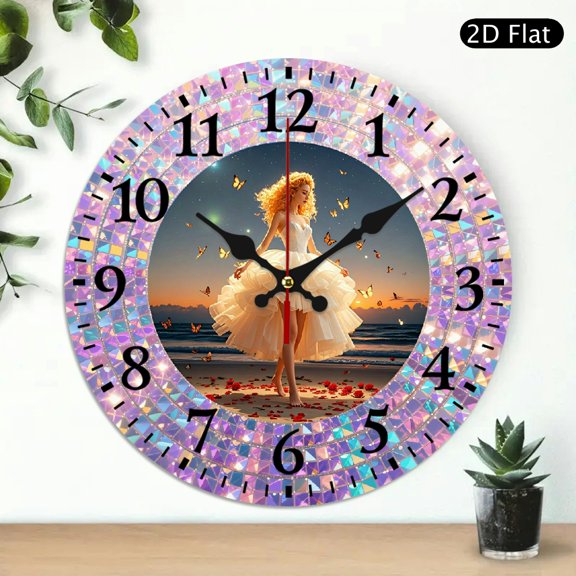 Decorative Circular Wall Clock with Romantic Beach Sunset and Butterfly Design, 10x10 Inch Round Silent Clock for Home Decor, 1pc, Battery Not Included