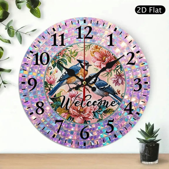 Decorative Circular Wall Clock With Blue Jays And Peonies Design, Vibrant Mosaic Border Floral Illustration, 10x10 Inch, 1pc, Battery Not Included
