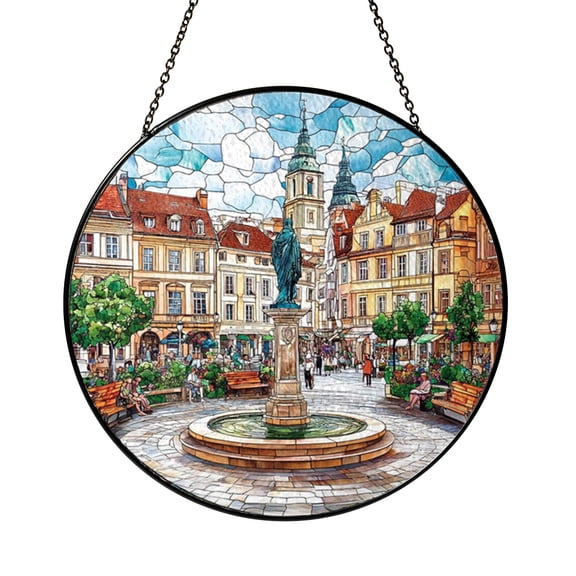 Decorative City Square Stained Glass Style Suncatcher Window Hanging, European Town Fountain Glass Panel, Vibrant Town Square Window Art, Historic Plaza Landscape Sun Catcher Ornament for Living Room