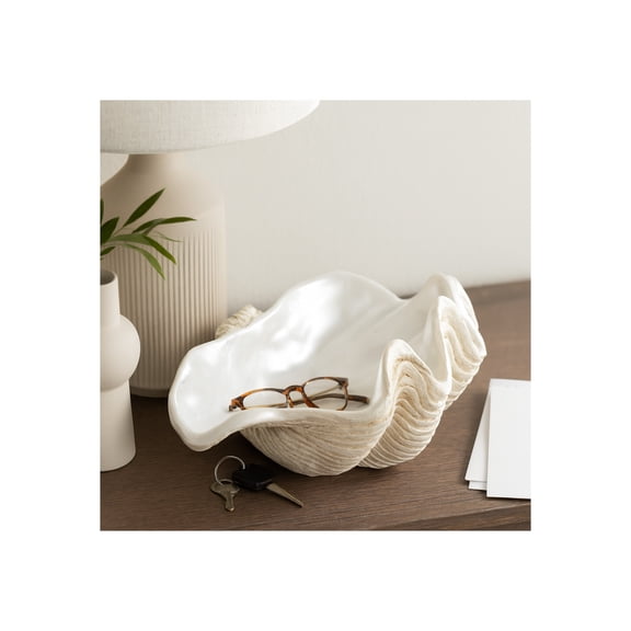 Decorative Clam Shell Bowl for Coffee Table Decor - Coastal Inspired Bowl for Centerpiece Table Decorations or Home Accents - Elegant Key Holder, Candy and Kitchen Counter Decor - 8", Ivory & Tan