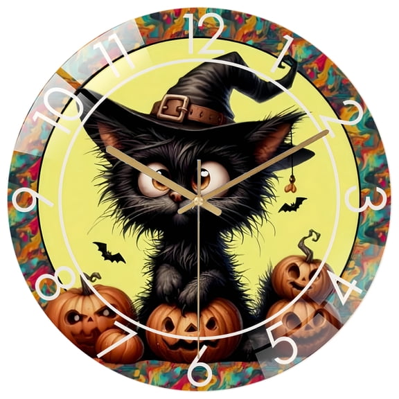 Decorative Clock:Hallo-ween Big Eyes Black Cat Glass Wall Clock ,Kitty Lover Gift Idea for Homes, Bars, Offices, Man Caves, Garages, And Living Rooms. Also Makes A Great