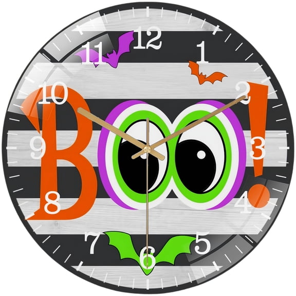 Decorative Clock:Round Hallo-ween Haunted House Glass Wall Clock Spooky Fall Decor Pumpkins Bats Ghosts Door Glass Wall Clock for Homes, Bars, Offices, Man Caves, Garag