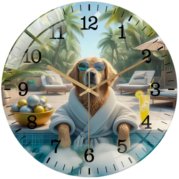 Decorative Clocks: Adorable Golden Retriever Relaxing in A Hot Tub Glass Wall Clock ,Dog Lover  Wall Clock  for Homes, Bars, Offices, Man Caves, Garages, And Living Rooms. .Also Makes A Great Gift St