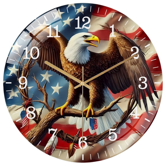 Decorative Clocks: American Bald Eagle  Olive Branch Glass Wall Clock,  Patriotic Decor Wall Clock,   for Homes, Bars, Offices, Man Caves, Garages, And Living Rooms. Hallo Ween Gift .Also Makes A Gre