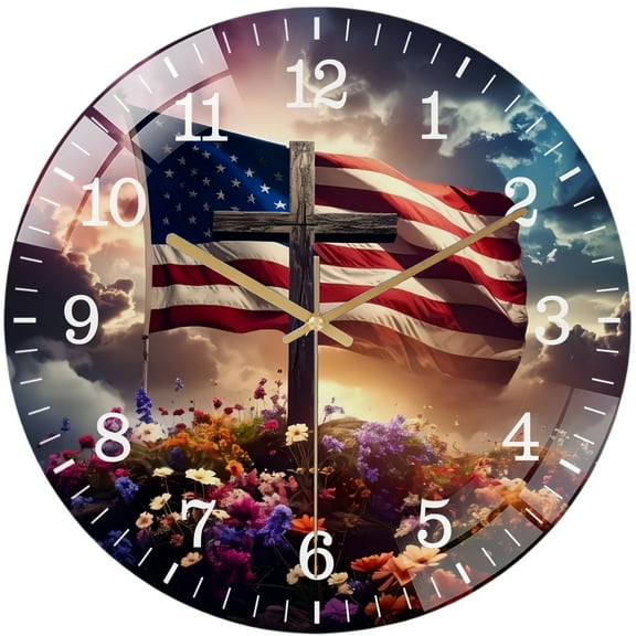 Decorative Clocks： American Flag & Cross Wreath Glass Wall Clock ，Patriotic Christian Wall Clock for Homes, Bars, Offices, Man Caves, Garages, And Living Rooms. Also Makes A Great Gift. Style 12×12in