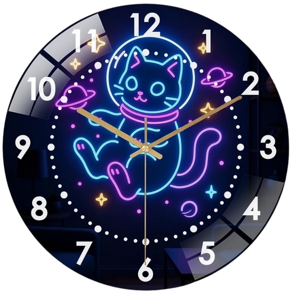 Decorative Clocks: Astronaut Cat Glass Wall Clock – Floating Space Cat Wall Clock for Sci-Fi, Bedroom Or Cosmic Decor Style 12×12inch(30×30cm)