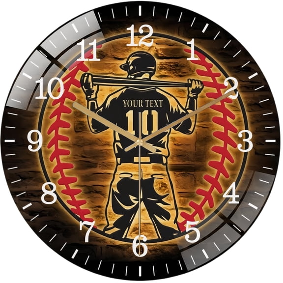 Decorative Clocks： Baseball  Glass Wall Clock,  Baseball  Player Wall Clock， Home Decor  Cave Sports Room Decoration Father's Day Gift Style 12×12inch(30×30cm)