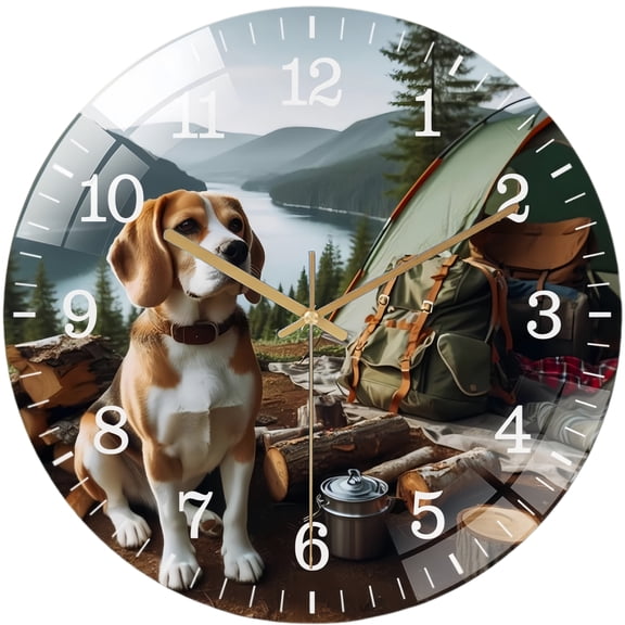 Decorative Clocks: Beagle Camping Dog Glass Wall Clock ,Nature Lake View Dog Lover Wall Clock for Homes, Bars, Offices, Man Caves, Garages, And Living Rooms. .Also Makes A Great Gift.Housewarming G