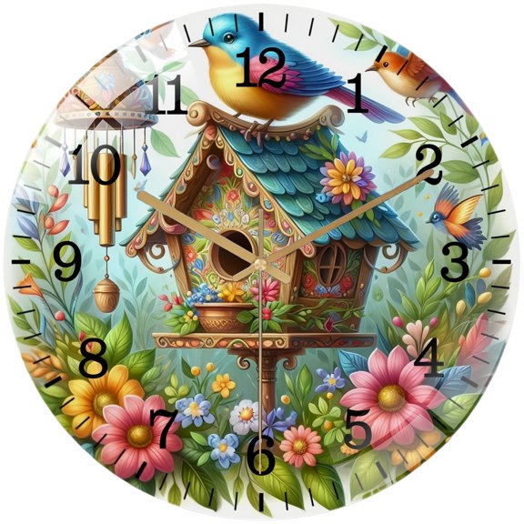 Decorative Clocks: Bird with Birdhouse Glass Wall Clock, Bird Collection Wall Clock, Springtime Flowers Bird Lover ,Housewarming Gift Style 12×12inch(30×30cm)