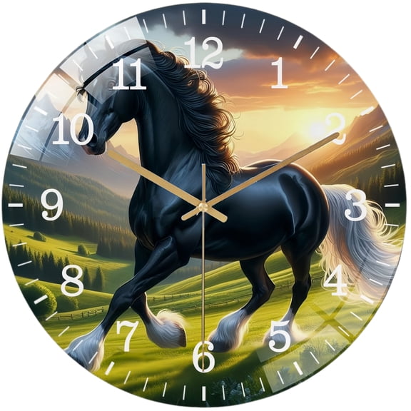 Decorative Clocks: Black Horse with Black Mane And White Tail Standing in A Field Glass Wall Clock, Farm Barn Decor Wall Clock, for Homes, Bars, Offices, Man Caves, Garages, And Living Rooms.