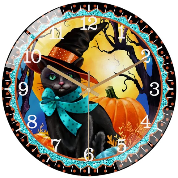 Decorative Clocks:Cat in Witch Hat Pumpkin Hallo-ween Glass Wall Clock, Cat Lover Halloween Gift Decor Wall Clock for Homes, Bars, Offices, Man Caves, Garages, And Living R