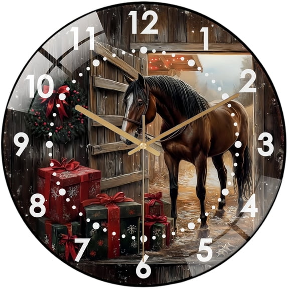 Decorative Clocks: Christmas Horse Glass Wall Clock, Christmas Presents Wall Clock for Homes, Bars, Offices, Man Caves, Garages, And Living Rooms .Also Makes A Great Gift. Style 12×12inch(30×30cm)