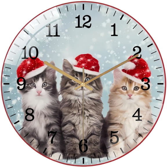 Decorative Clocks: Christmas Kitten Glass Wall Clock Cute Cat Holiday Wall Clock Santa Hat Kittens Decor for Homes, Bars, Offices, Man Caves, Garages, And Living Rooms. Hallo Ween Gift .Also Makes